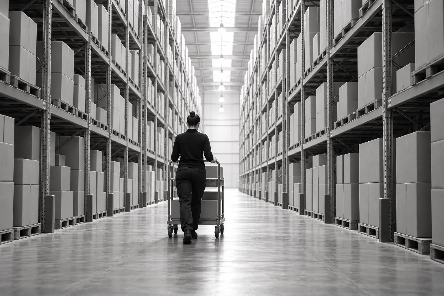 A warehouse aisle in black and white, a person seen from behind pushing a trolley of boxes between tall racks